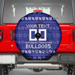 Personalized Canterbury Bulldogs Christmas Spare Tire Cover Australian Rugby Fans - Pixelated Ugly Xmas Pattern Mascot Santa