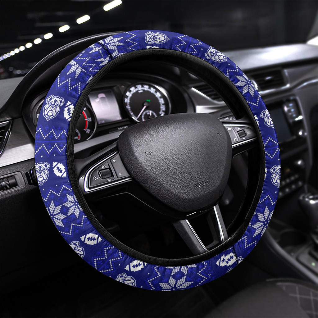 Canterbury Bulldogs Christmas Steering Wheel Cover Australian Rugby Fans - Pixelated Ugly Xmas Pattern Mascot Santa