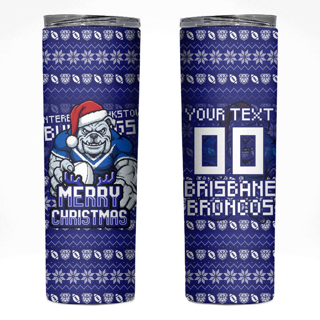 Personalized Canterbury Bulldogs Christmas Skinny Tumbler Australian Rugby Fans - Pixelated Ugly Xmas Pattern Mascot Santa