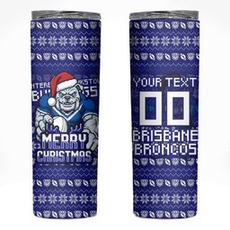 Personalized Canterbury Bulldogs Christmas Skinny Tumbler Australian Rugby Fans - Pixelated Ugly Xmas Pattern Mascot Santa