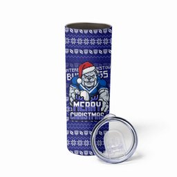 Personalized Canterbury Bulldogs Christmas Skinny Tumbler Australian Rugby Fans - Pixelated Ugly Xmas Pattern Mascot Santa