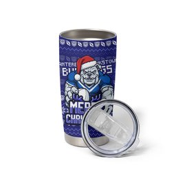 Personalized Canterbury Bulldogs Christmas Tumbler Cup Australian Rugby Fans - Pixelated Ugly Xmas Pattern Mascot Santa