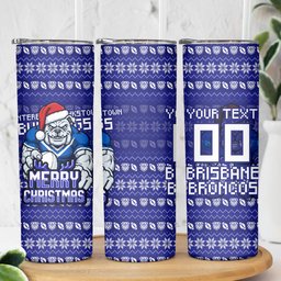 Personalized Canterbury Bulldogs Christmas Skinny Tumbler Australian Rugby Fans - Pixelated Ugly Xmas Pattern Mascot Santa