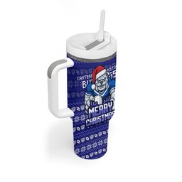 Personalized Canterbury Bulldogs Christmas Tumbler With Handle Australian Rugby Fans - Pixelated Ugly Xmas Pattern Mascot Santa