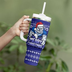 Personalized Canterbury Bulldogs Christmas Tumbler With Handle Australian Rugby Fans - Pixelated Ugly Xmas Pattern Mascot Santa