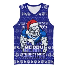 Personalized Canterbury Bulldogs Christmas Basketball Jersey Australian Rugby Fans - Pixelated Ugly Xmas Pattern Mascot Santa