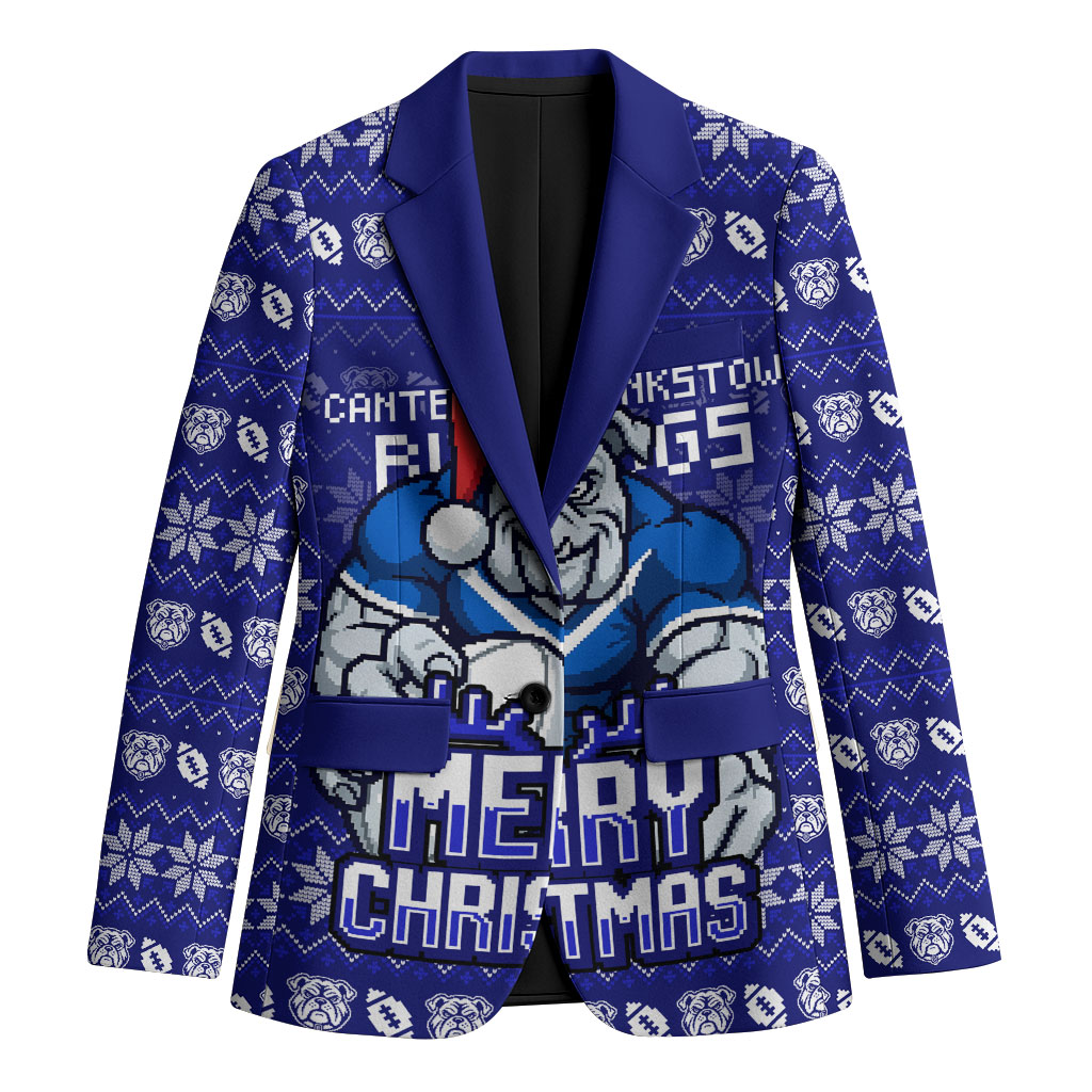Personalized Canterbury Bulldogs Christmas Blazer Australian Rugby Fans - Pixelated Ugly Xmas Pattern Mascot Santa