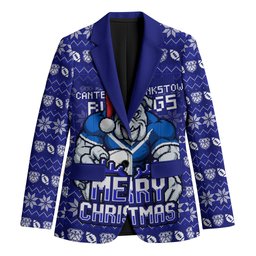 Personalized Canterbury Bulldogs Christmas Blazer Australian Rugby Fans - Pixelated Ugly Xmas Pattern Mascot Santa