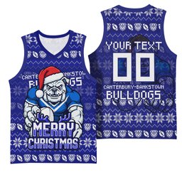 Personalized Canterbury Bulldogs Christmas Basketball Jersey Australian Rugby Fans - Pixelated Ugly Xmas Pattern Mascot Santa