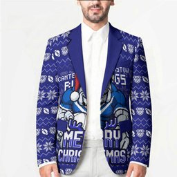 Personalized Canterbury Bulldogs Christmas Blazer Australian Rugby Fans - Pixelated Ugly Xmas Pattern Mascot Santa