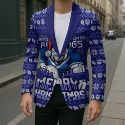 Personalized Canterbury Bulldogs Christmas Blazer Australian Rugby Fans - Pixelated Ugly Xmas Pattern Mascot Santa