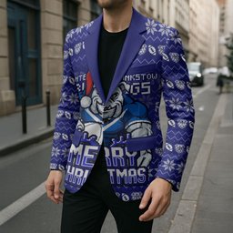 Personalized Canterbury Bulldogs Christmas Blazer Australian Rugby Fans - Pixelated Ugly Xmas Pattern Mascot Santa