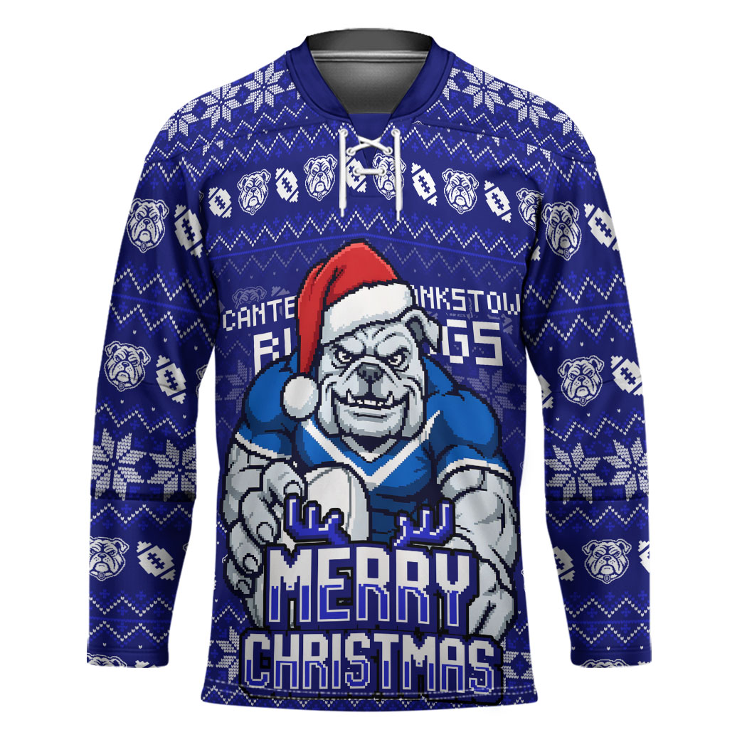 Personalized Canterbury Bulldogs Christmas Hockey Jersey Australian Rugby Fans - Pixelated Ugly Xmas Pattern Mascot Santa