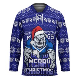 Personalized Canterbury Bulldogs Christmas Hockey Jersey Australian Rugby Fans - Pixelated Ugly Xmas Pattern Mascot Santa