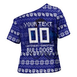 Personalized Canterbury Bulldogs Christmas Cross Shoulder Shirt Australian Rugby Fans - Pixelated Ugly Xmas Pattern Mascot Santa