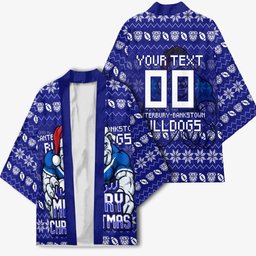 Personalized Canterbury Bulldogs Christmas Kimono Australian Rugby Fans - Pixelated Ugly Xmas Pattern Mascot Santa