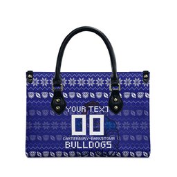 Personalized Canterbury Bulldogs Christmas Leather Bag Australian Rugby Fans - Pixelated Ugly Xmas Pattern Mascot Santa