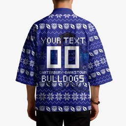 Personalized Canterbury Bulldogs Christmas Kimono Australian Rugby Fans - Pixelated Ugly Xmas Pattern Mascot Santa