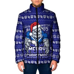 Personalized Canterbury Bulldogs Christmas Padded Jacket Australian Rugby Fans - Pixelated Ugly Xmas Pattern Mascot Santa