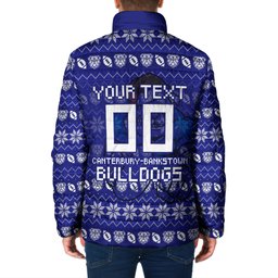 Personalized Canterbury Bulldogs Christmas Padded Jacket Australian Rugby Fans - Pixelated Ugly Xmas Pattern Mascot Santa