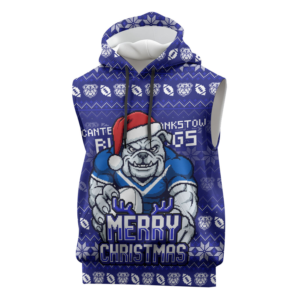 Personalized Canterbury Bulldogs Christmas Sleeveless Hoodie Australian Rugby Fans - Pixelated Ugly Xmas Pattern Mascot Santa