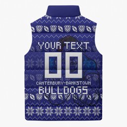 Personalized Canterbury Bulldogs Christmas Sleeveless Puffer Jacket Australian Rugby Fans - Pixelated Ugly Xmas Pattern Mascot Santa