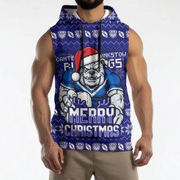 Personalized Canterbury Bulldogs Christmas Sleeveless Hoodie Australian Rugby Fans - Pixelated Ugly Xmas Pattern Mascot Santa