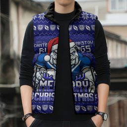 Personalized Canterbury Bulldogs Christmas Sleeveless Puffer Jacket Australian Rugby Fans - Pixelated Ugly Xmas Pattern Mascot Santa