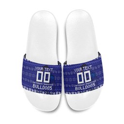 Personalized Canterbury Bulldogs Christmas Slide Sandals Australian Rugby Fans - Pixelated Ugly Xmas Pattern Mascot Santa