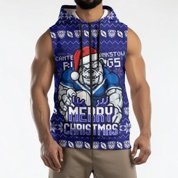 Personalized Canterbury Bulldogs Christmas Sleeveless Zip Hoodie Australian Rugby Fans - Pixelated Ugly Xmas Pattern Mascot Santa