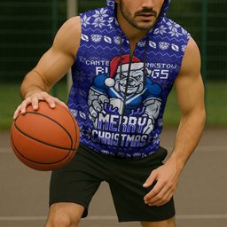 Personalized Canterbury Bulldogs Christmas Sleeveless Zip Hoodie Australian Rugby Fans - Pixelated Ugly Xmas Pattern Mascot Santa