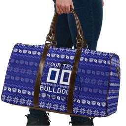 Personalized Canterbury Bulldogs Christmas Travel Bag Australian Rugby Fans - Pixelated Ugly Xmas Pattern Mascot Santa