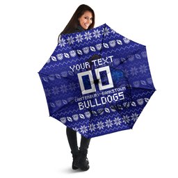 Personalized Canterbury Bulldogs Christmas Umbrella Australian Rugby Fans - Pixelated Ugly Xmas Pattern Mascot Santa