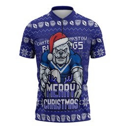 Personalized Canterbury Bulldogs Christmas Zipper Polo Shirt Australian Rugby Fans - Pixelated Ugly Xmas Pattern Mascot Santa