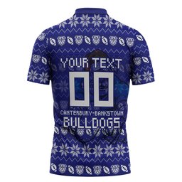 Personalized Canterbury Bulldogs Christmas Zipper Polo Shirt Australian Rugby Fans - Pixelated Ugly Xmas Pattern Mascot Santa