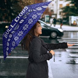 Personalized Canterbury Bulldogs Christmas Umbrella Australian Rugby Fans - Pixelated Ugly Xmas Pattern Mascot Santa
