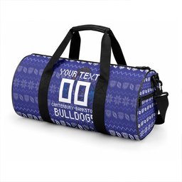 Personalized Canterbury Bulldogs Christmas Duffle Bag Australian Rugby Fans - Pixelated Ugly Xmas Pattern Mascot Santa