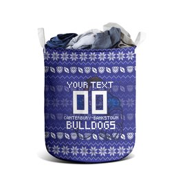 Personalized Canterbury Bulldogs Christmas Laundry Basket Australian Rugby Fans - Pixelated Ugly Xmas Pattern Mascot Santa
