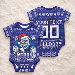 Personalized Canterbury Bulldogs Christmas Baby Onesie Australian Rugby Fans - Pixelated Ugly Xmas Pattern Mascot Santa