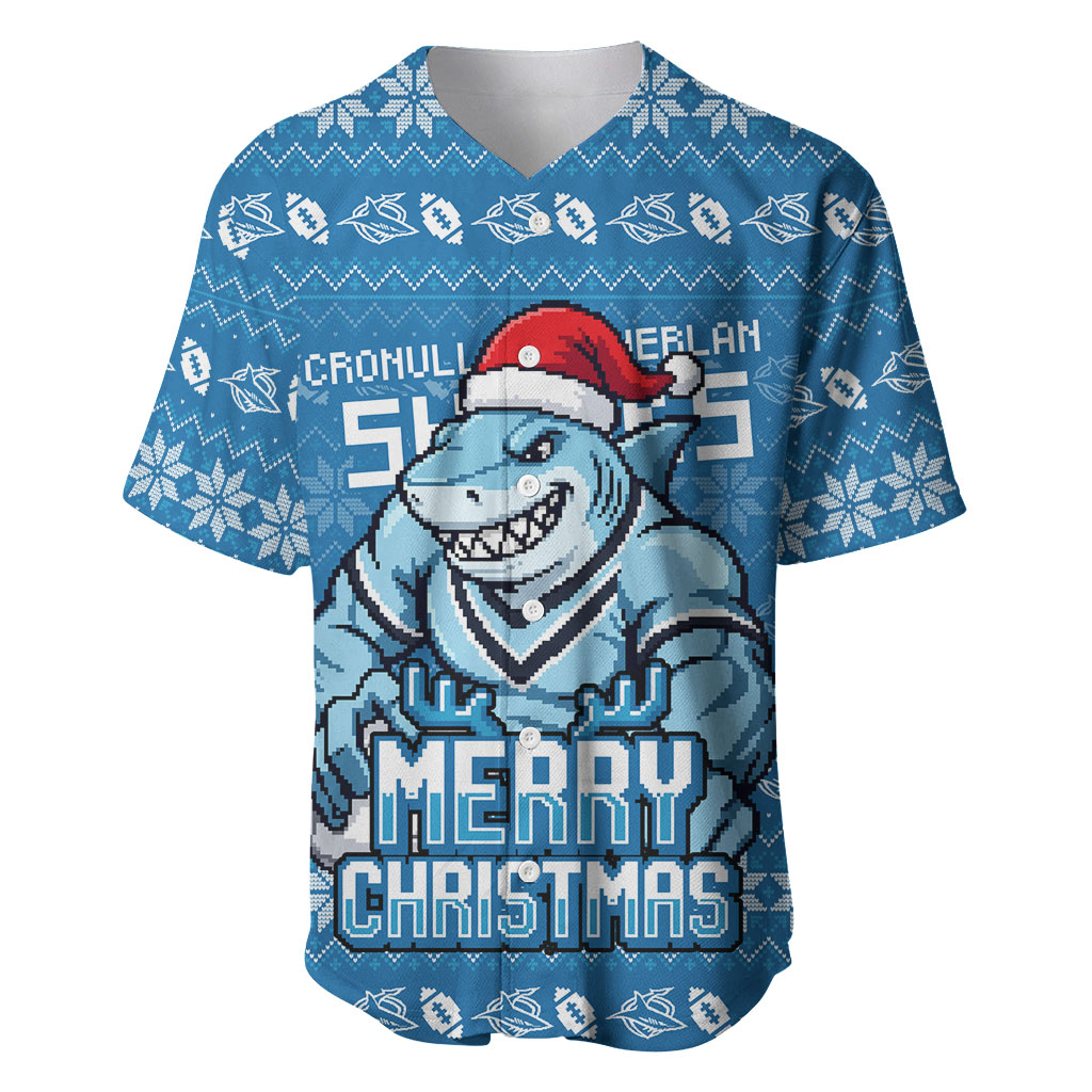 Personalized Cronulla Sharks Christmas Baseball Jersey Australian Rugby Fans - Pixelated Ugly Xmas Pattern Mascot Santa