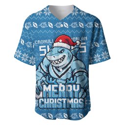 Personalized Cronulla Sharks Christmas Baseball Jersey Australian Rugby Fans - Pixelated Ugly Xmas Pattern Mascot Santa