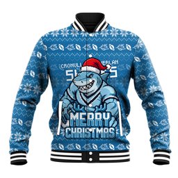 Personalized Cronulla Sharks Christmas Baseball Jacket Australian Rugby Fans - Pixelated Ugly Xmas Pattern Mascot Santa