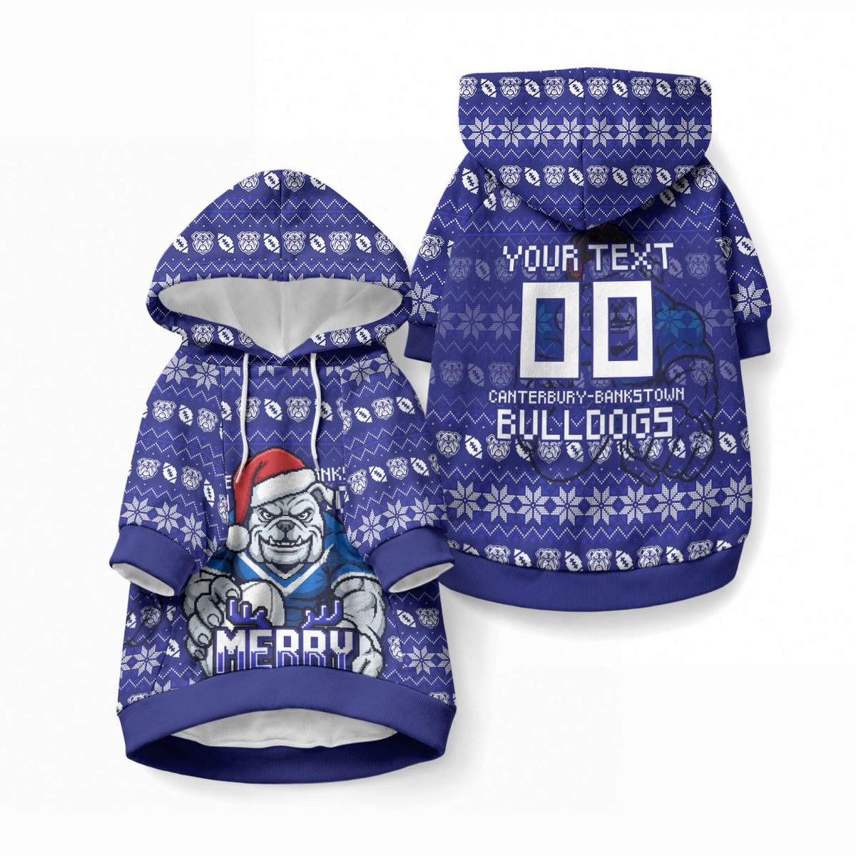 Personalized Canterbury Bulldogs Christmas Pet Hoodie Australian Rugby Fans - Pixelated Ugly Xmas Pattern Mascot Santa
