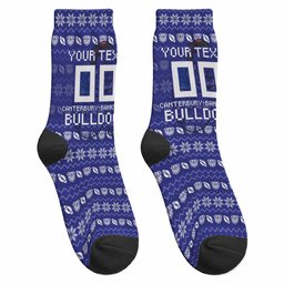 Personalized Canterbury Bulldogs Christmas Crew Socks Australian Rugby Fans - Pixelated Ugly Xmas Pattern Mascot Santa