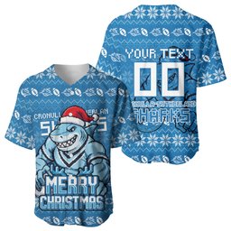 Personalized Cronulla Sharks Christmas Baseball Jersey Australian Rugby Fans - Pixelated Ugly Xmas Pattern Mascot Santa