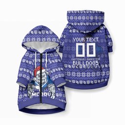 Personalized Canterbury Bulldogs Christmas Pet Hoodie Australian Rugby Fans - Pixelated Ugly Xmas Pattern Mascot Santa