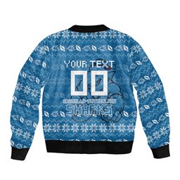 Personalized Cronulla Sharks Christmas Bomber Jacket Australian Rugby Fans - Pixelated Ugly Xmas Pattern Mascot Santa