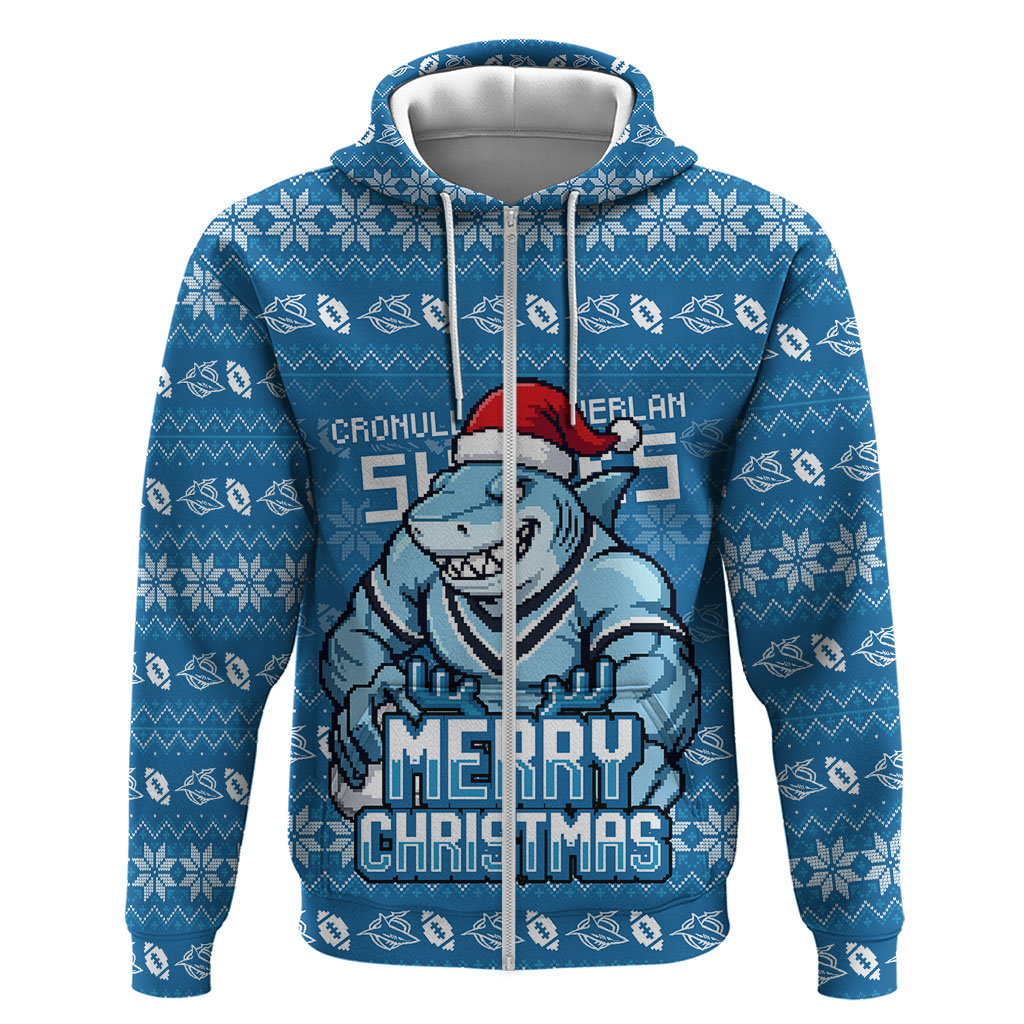 Personalized Cronulla Sharks Christmas Zip Hoodie Australian Rugby Fans - Pixelated Ugly Xmas Pattern Mascot Santa