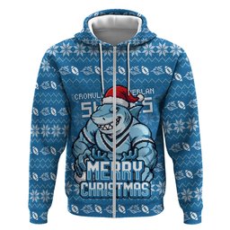 Personalized Cronulla Sharks Christmas Zip Hoodie Australian Rugby Fans - Pixelated Ugly Xmas Pattern Mascot Santa