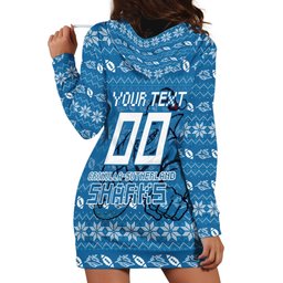 Personalized Cronulla Sharks Christmas Hoodie Dress Australian Rugby Fans - Pixelated Ugly Xmas Pattern Mascot Santa